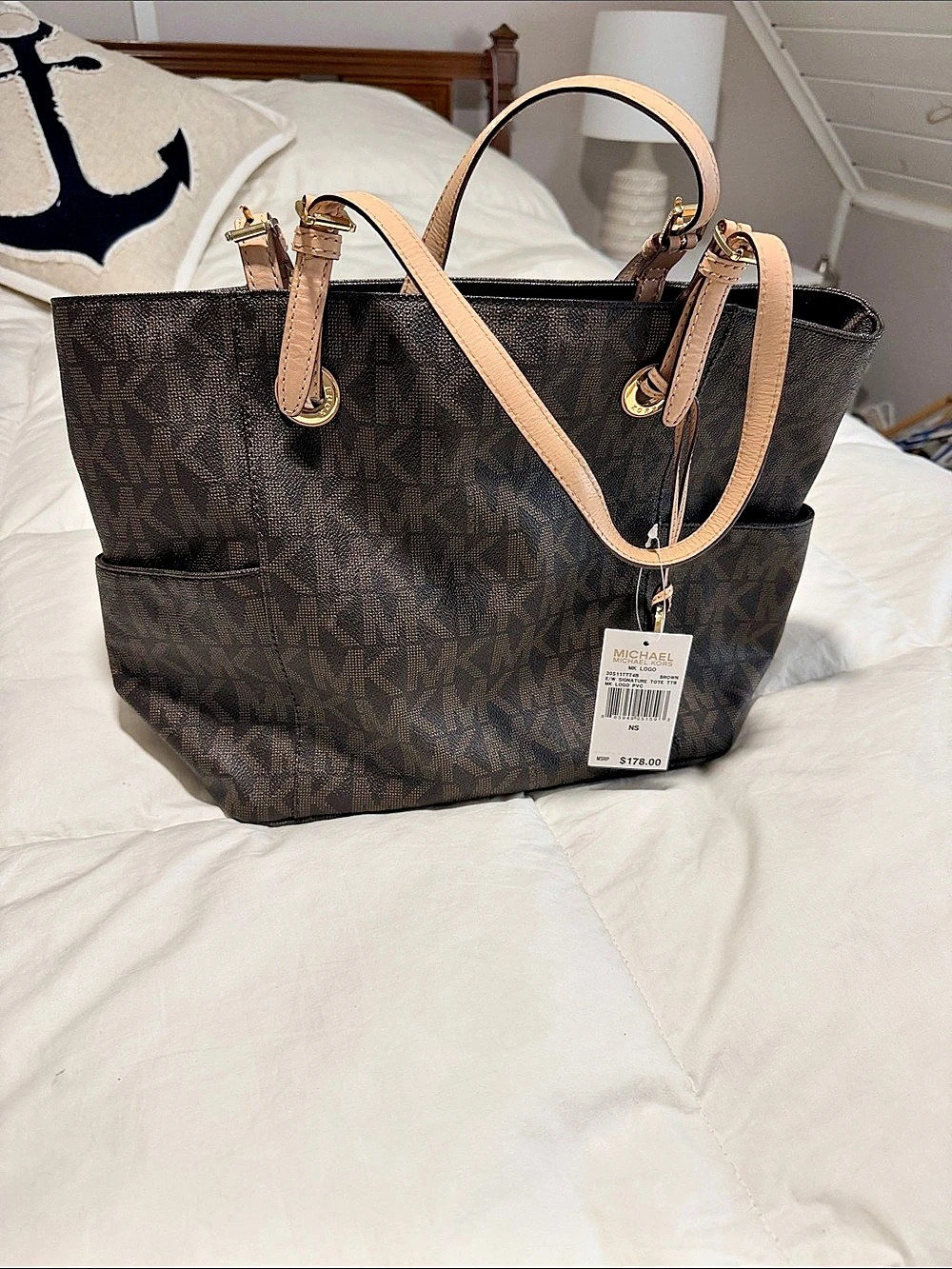 Michael Kors Jet Set Travel Large Chain Shoulder Tote Brown & Pink